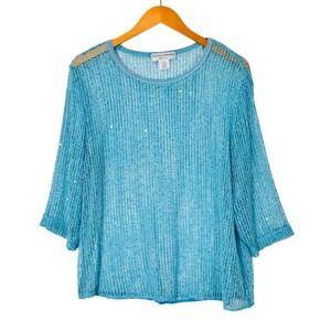 Drapers & Damons Top Womens PM Blue Sequin Mesh‎ Crochet Knit 3/4 Sleeve Cruise